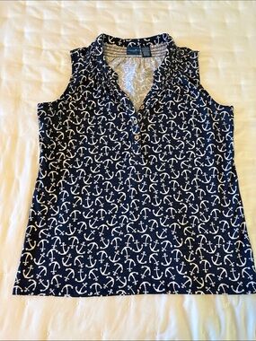 Caribbean Joe Navy and White Anchor Print Sleeveless Henley Tank